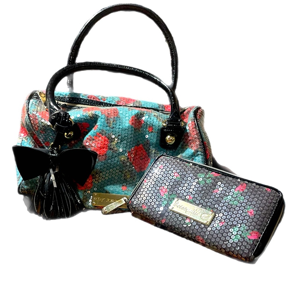 BETSEY JOHNSON 2 PC Matching Floral Sequin Shoulder Bag and Zip Around Wallet